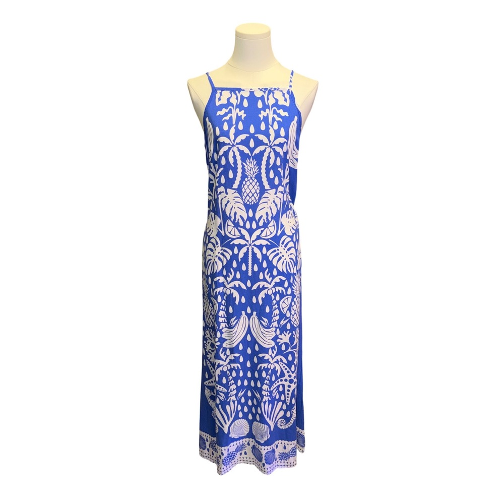 1.STATE Womens Blue White Tropical Pineapple Seahorse Maxi Dress Size S 0092